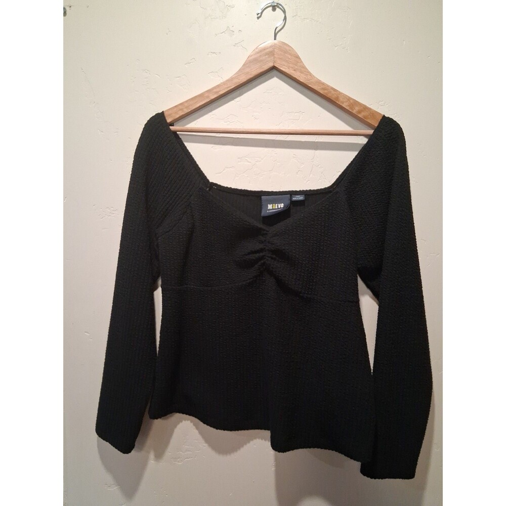 Maeve Anthropologie Sz  L Black Ruched Sweetheart Neck Textured Long Sleeve Top